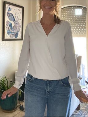 White House Black Market Ivory Surplice Long-Sleeve Blouse